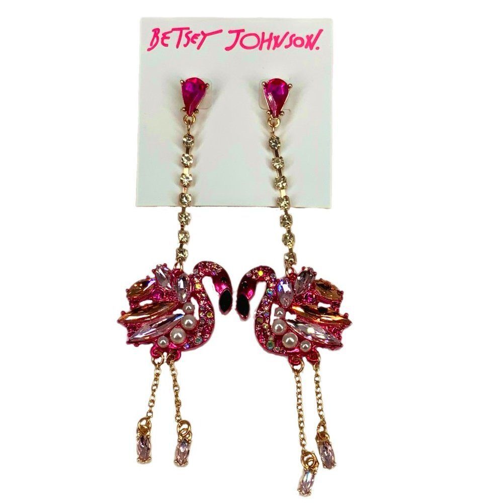 Betsey Johnson Flamingo Rhinestone Pearl Long Drop Earrings NWT